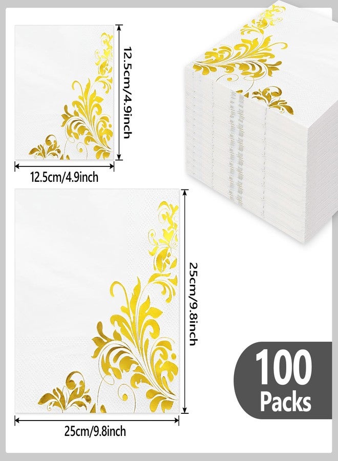 JarThenaAMCS 100 Sheet White Gold Cocktail Napkins 3ply Gold Foil Disposable Beverage Napkins Paper Dinner Napkins for Wedding Birthday Party Supplies - Image 2